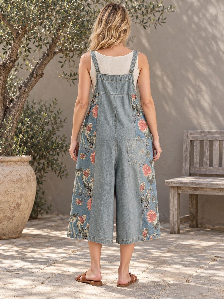 Oversize Wide Leg Floral Printed Split-Joint Overalls - 115132_B1_新增