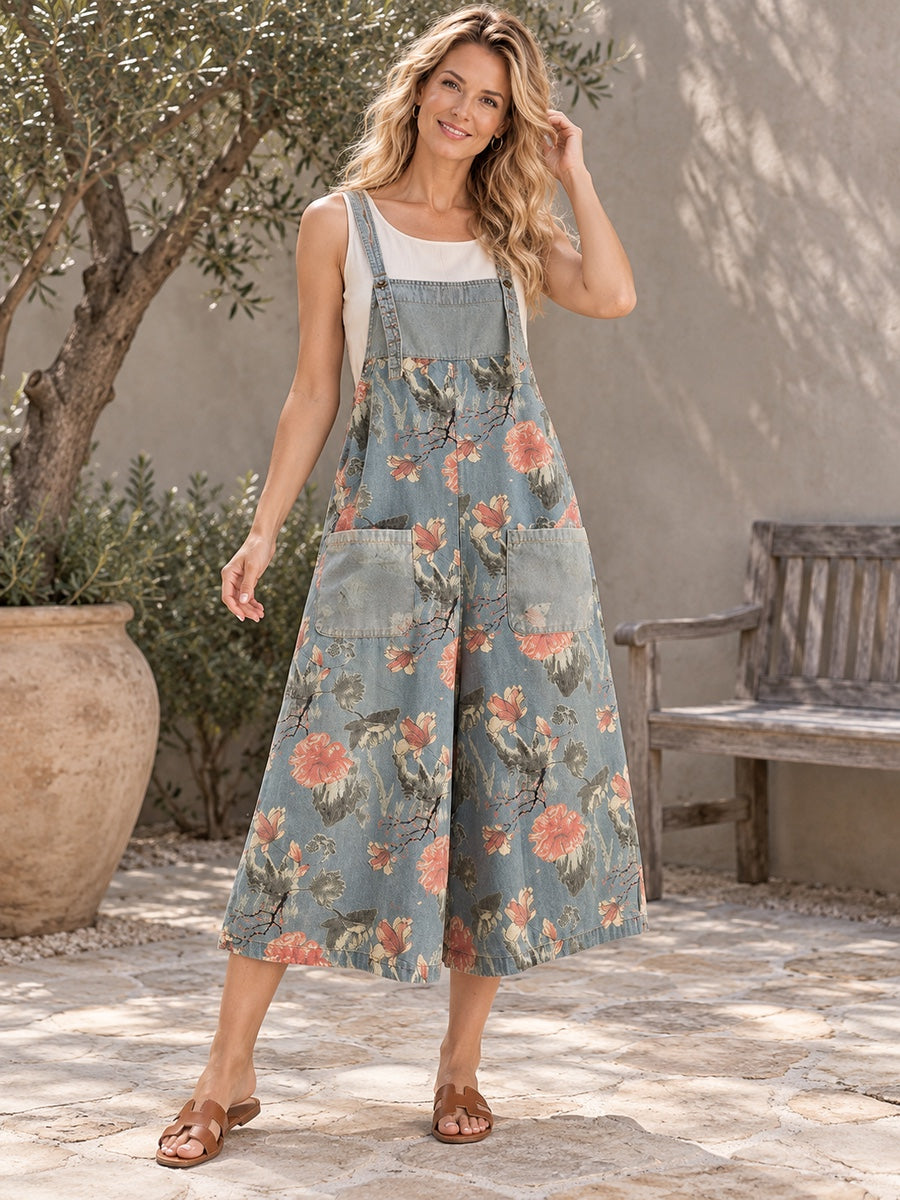 Oversize Wide Leg Floral Printed Split-Joint Overalls - 115132_CF_F3_新增
