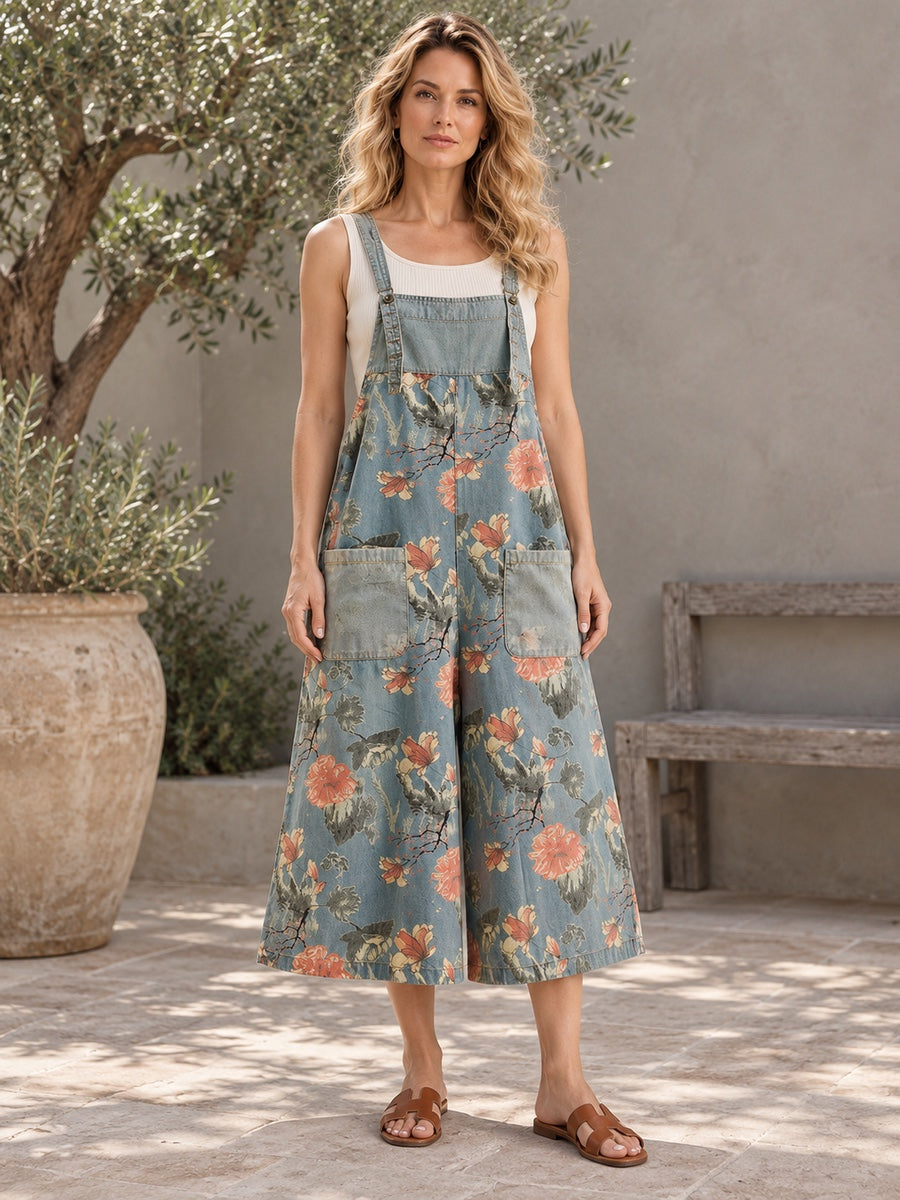 Oversize Wide Leg Floral Printed Split-Joint Overalls - 115132_OL_F1_新增