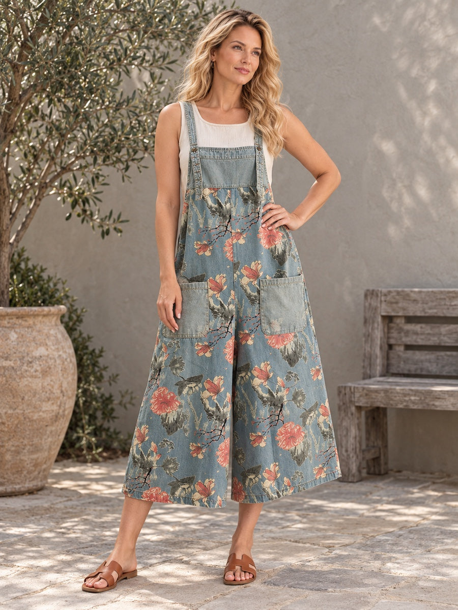 Oversize Wide Leg Floral Printed Split-Joint Overalls - 115132_OL_F3_新增