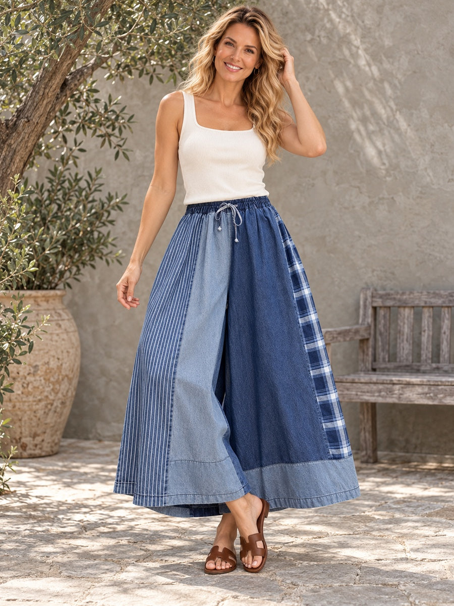 Loose  Drawstring Elasticity Plaid Split-Joint Ninth Jean Pants Bottoms - 117845_CF_F3_新增