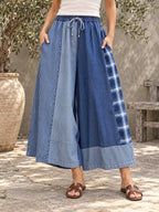 Loose  Drawstring Elasticity Plaid Split-Joint Ninth Jean Pants Bottoms - 117845_LOWER_新增