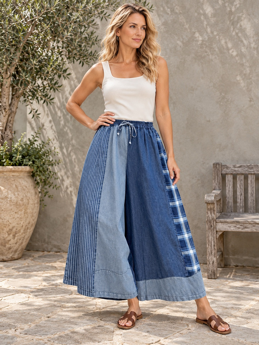 Loose  Drawstring Elasticity Plaid Split-Joint Ninth Jean Pants Bottoms - 117845_OL_F3_新增