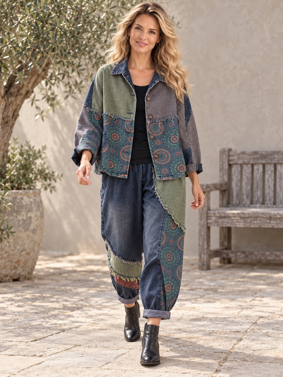 Contrast Color Fringed Split-Joint Long Sleeves Printed Outwear + Harem Pants  Two Pieces Set - 117847_CF_F1_新增
