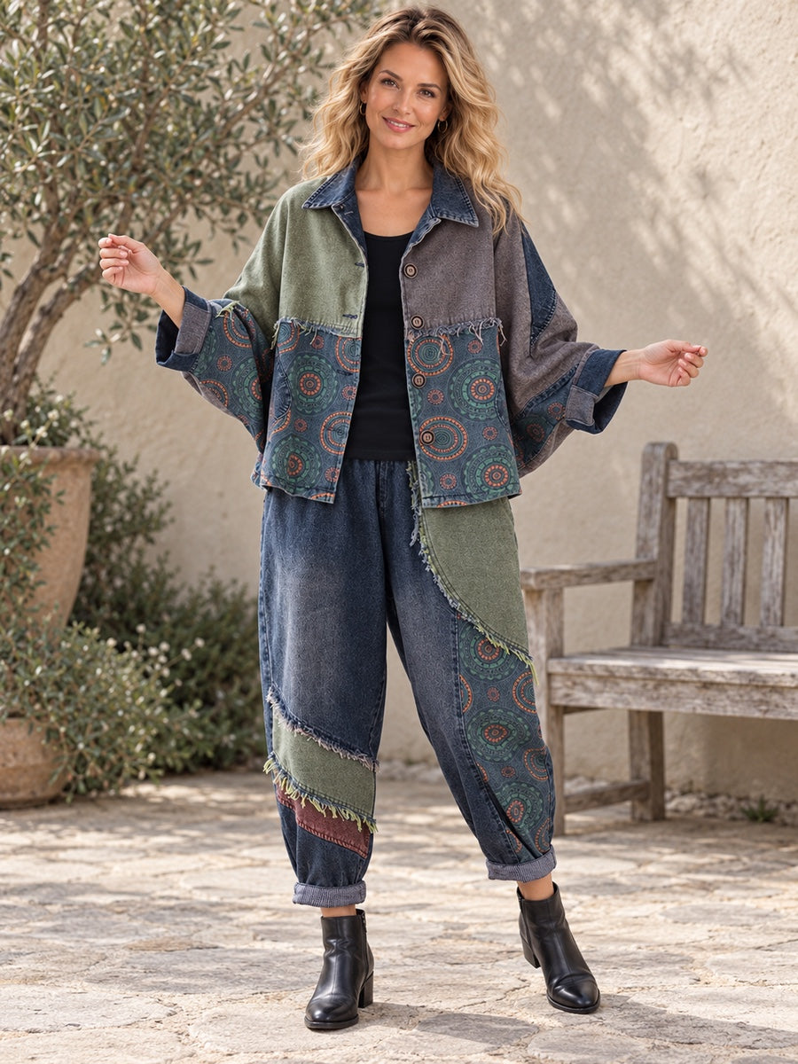 Contrast Color Fringed Split-Joint Long Sleeves Printed Outwear + Harem Pants  Two Pieces Set - 117847_CF_F2_新增