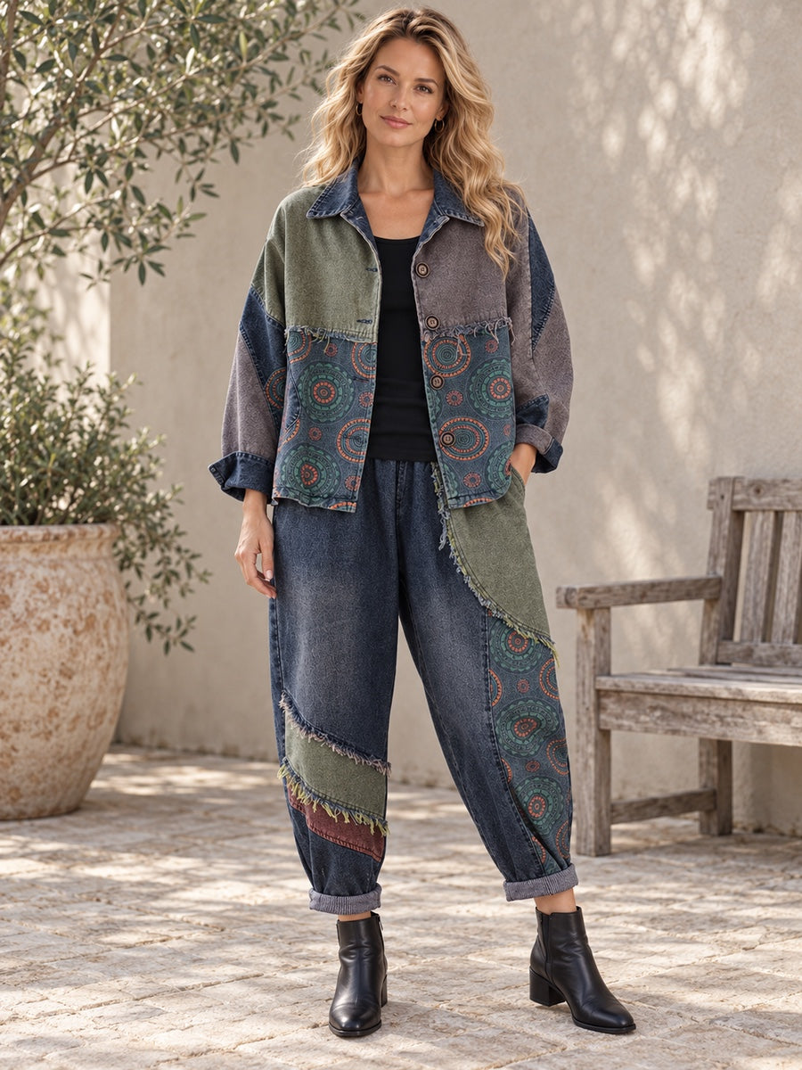 Contrast Color Fringed Split-Joint Long Sleeves Printed Outwear + Harem Pants  Two Pieces Set - 117847_OL_F1_新增