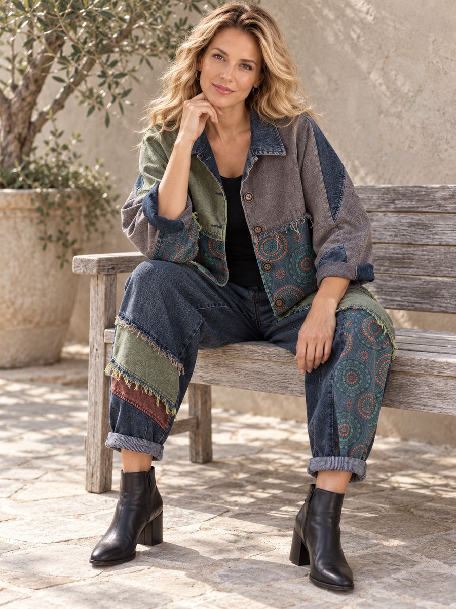 Contrast Color Fringed Split-Joint Long Sleeves Printed Outwear + Harem Pants  Two Pieces Set - 117847_OL_F2_新增