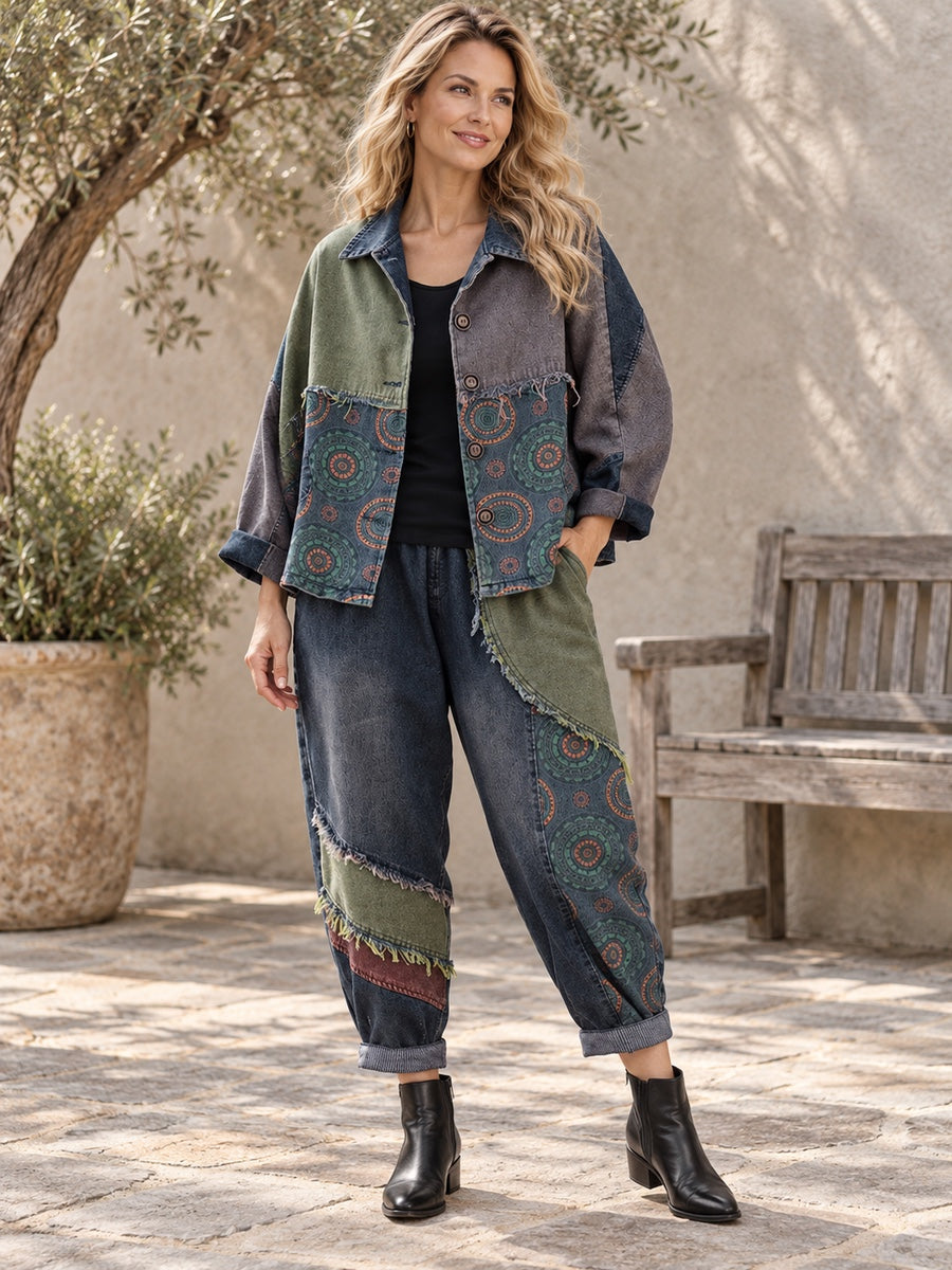 Contrast Color Fringed Split-Joint Long Sleeves Printed Outwear + Harem Pants  Two Pieces Set - 117847_OL_F3_新增