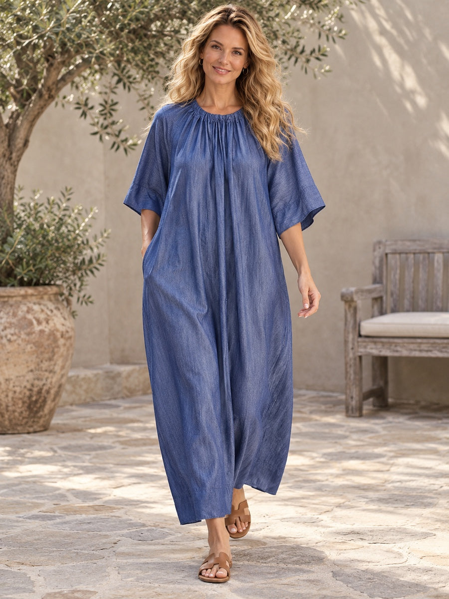 Loose Raglan Sleeve Drawstring Lace-Up Pleated Solid Color Round-Neck Midi Dresses - 121106_CF_F1_新增