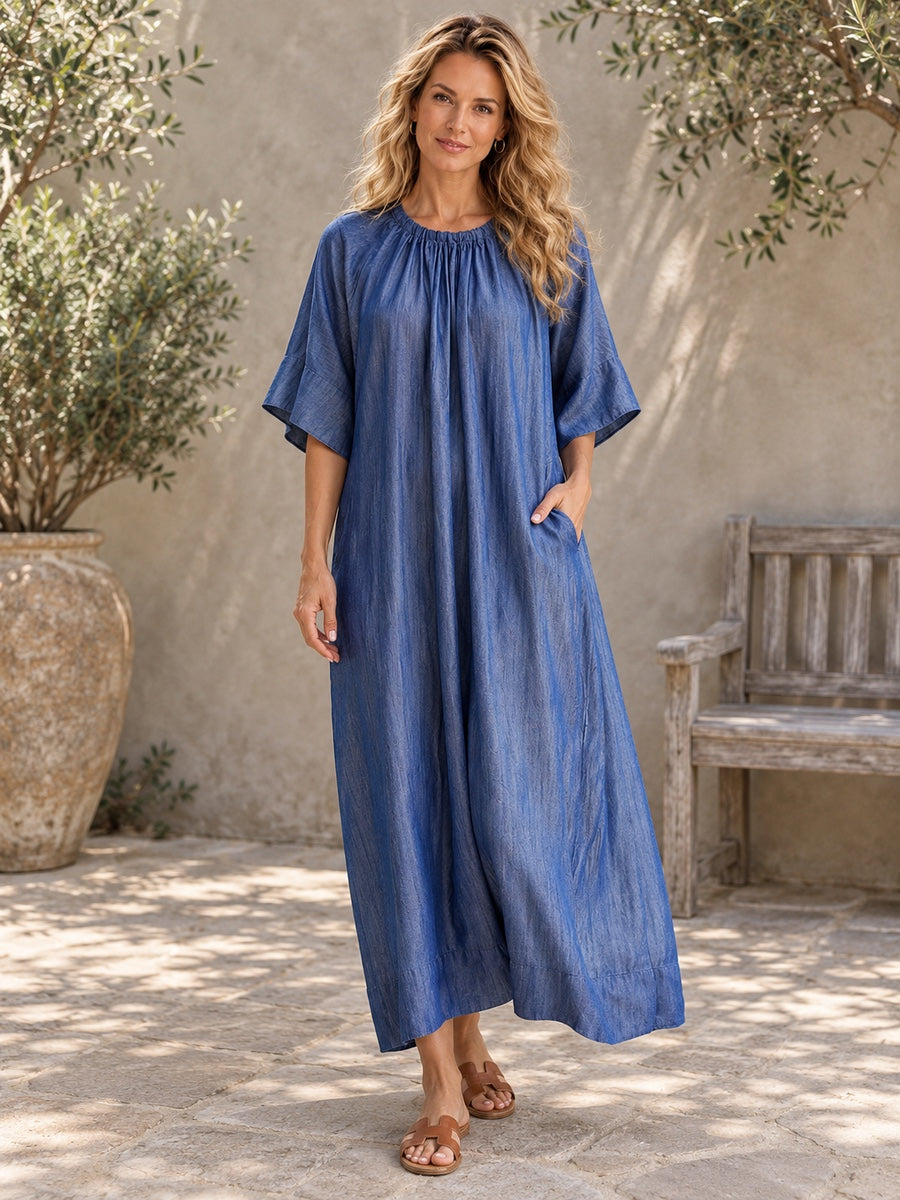 Loose Raglan Sleeve Drawstring Lace-Up Pleated Solid Color Round-Neck Midi Dresses - 121106_OL_F1_新增
