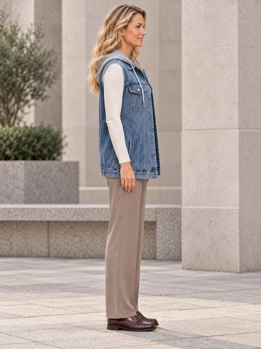 Loose Sleeveless Buttoned Detachable Drawstring Hooded Pockets Split-Joint Polo Vest Outerwear - 124067_S1_新增