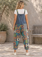 High Waisted Loose Asymmetric Buttoned Letter Print Pockets Split-Joint Striped Overalls - 126953_B1_新增