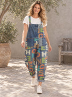 High Waisted Loose Asymmetric Buttoned Letter Print Pockets Split-Joint Striped Overalls - 126953_CF_F1_新增