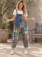 High Waisted Loose Asymmetric Buttoned Letter Print Pockets Split-Joint Striped Overalls - 126953_CF_F2_新增