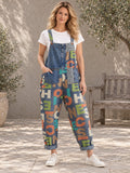 High Waisted Loose Asymmetric Buttoned Letter Print Pockets Split-Joint Striped Overalls - 126953_OL_F1_新增