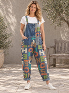 High Waisted Loose Asymmetric Buttoned Letter Print Pockets Split-Joint Striped Overalls - 126953_OL_F1_新增