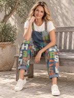 High Waisted Loose Asymmetric Buttoned Letter Print Pockets Split-Joint Striped Overalls - 126953_OL_F2_新增