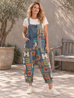 High Waisted Loose Asymmetric Buttoned Letter Print Pockets Split-Joint Striped Overalls - 126953_OL_F3_新增