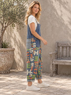 High Waisted Loose Asymmetric Buttoned Letter Print Pockets Split-Joint Striped Overalls - 126953_S1_新增