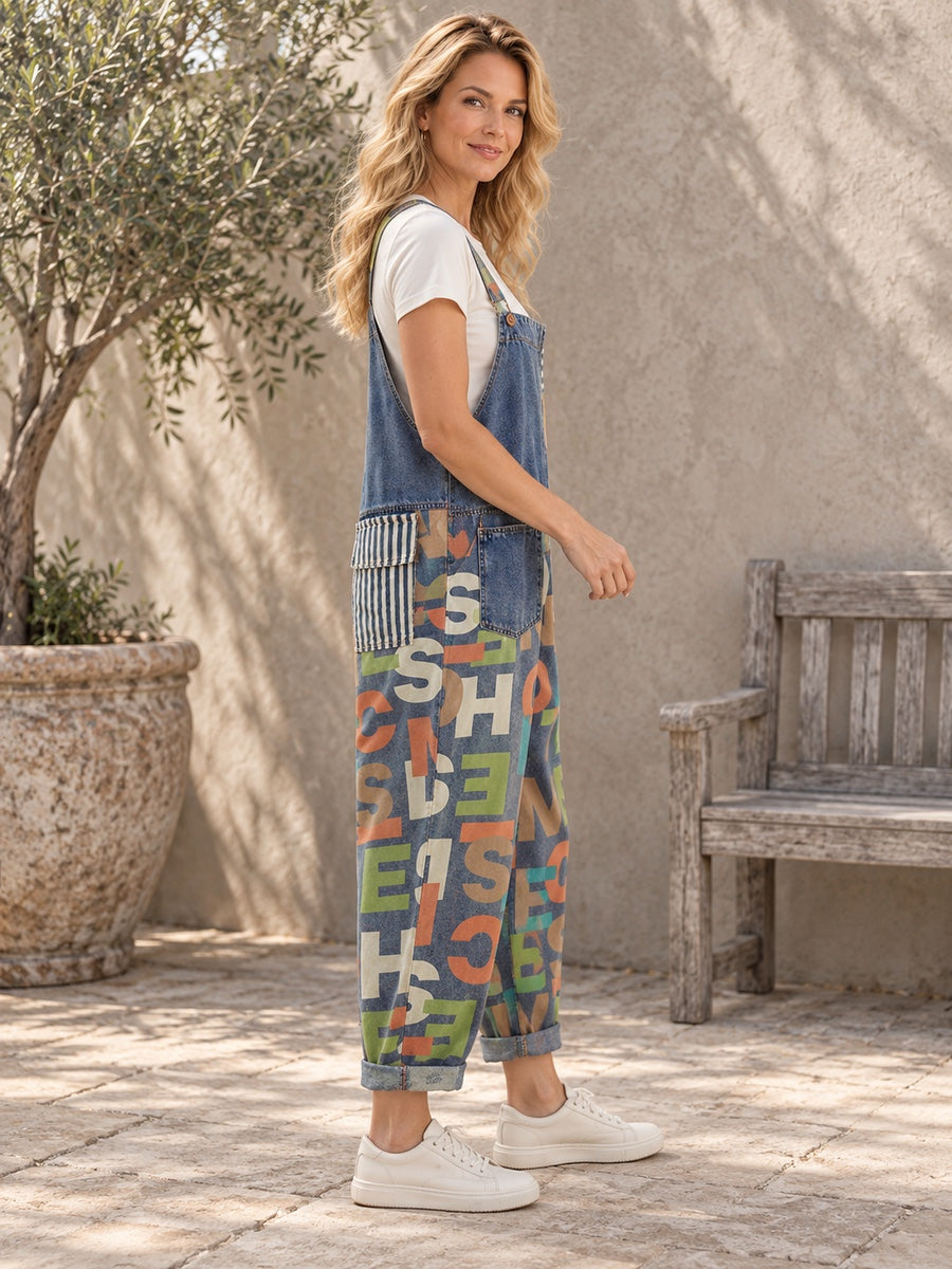 High Waisted Loose Asymmetric Buttoned Letter Print Pockets Split-Joint Striped Overalls - 126953_S1_新增