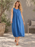 A-line Loose Buttoned Pleated Solid Color Round-neck Midi Dresses - 160950_CF_F1_新增
