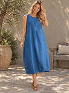 A-line Loose Buttoned Pleated Solid Color Round-neck Midi Dresses - 160950_CF_F3_新增