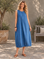A-line Loose Buttoned Pleated Solid Color Round-neck Midi Dresses - 160950_OL_F1_新增