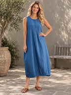 A-line Loose Buttoned Pleated Solid Color Round-neck Midi Dresses - 160950_OL_F3_新增