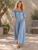 Loose Short Sleeves Pleated Solid Color Split-Joint Stretch; Elastic Off-The-Shoulder Jumpsuits - 161545_CF_F1_新增