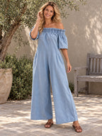 Loose Short Sleeves Pleated Solid Color Split-Joint Stretch; Elastic Off-The-Shoulder Jumpsuits - 161545_CF_F3_新增