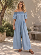 Loose Short Sleeves Pleated Solid Color Split-Joint Stretch; Elastic Off-The-Shoulder Jumpsuits - 161545_OL_F1_新增
