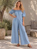 Loose Short Sleeves Pleated Solid Color Split-Joint Stretch; Elastic Off-The-Shoulder Jumpsuits - 161545_OL_F3_新增