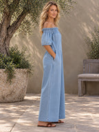 Loose Short Sleeves Pleated Solid Color Split-Joint Stretch; Elastic Off-The-Shoulder Jumpsuits - 161545_S1_新增