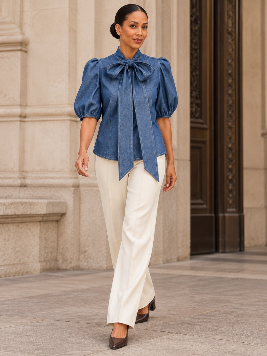 Long Sleeves Puff Sleeves Bow-Embellished Buttoned Split-Joint Tied High Neck Blouses&Shirts Tops - 179502_CF_F1_新增