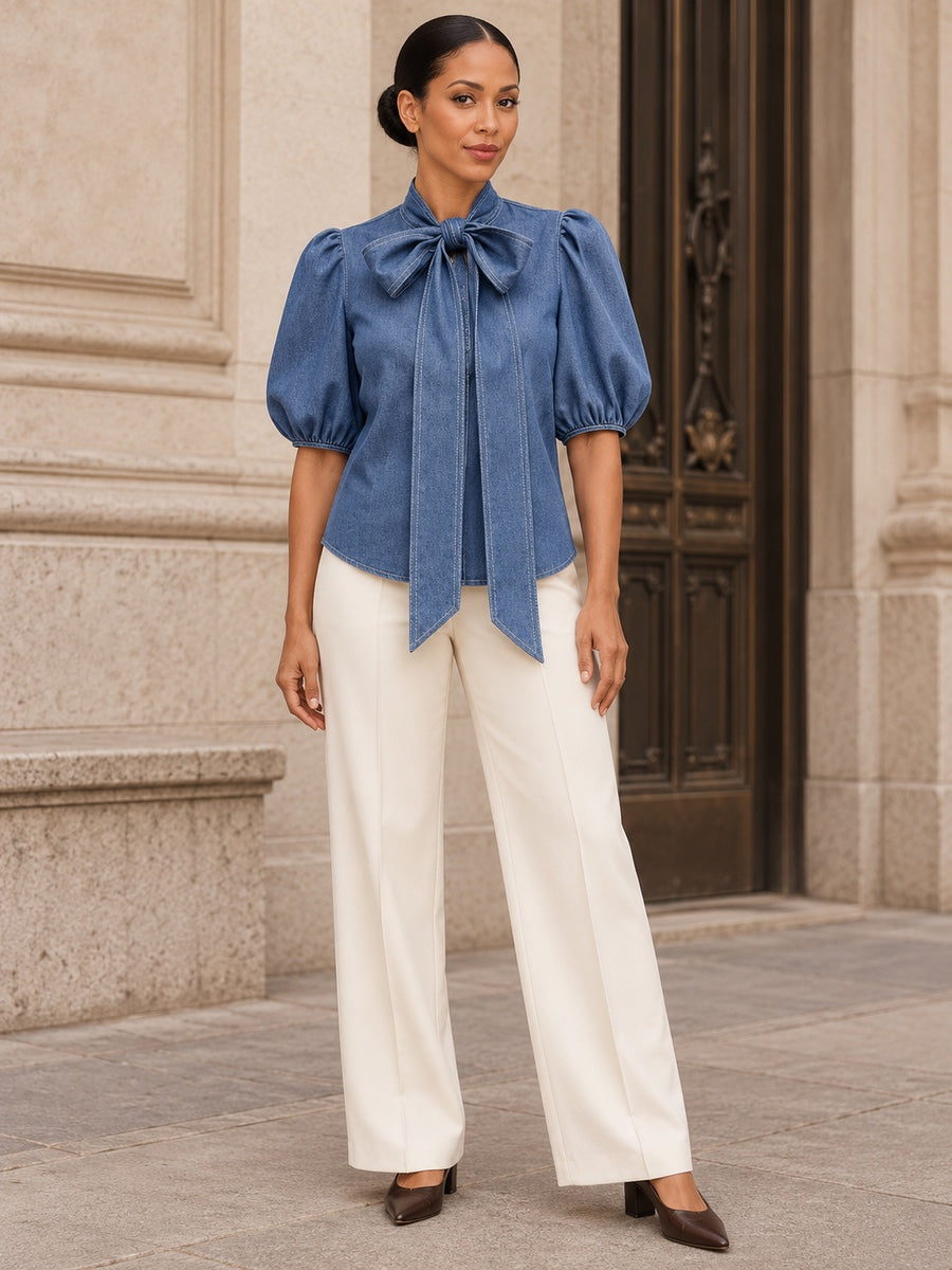 Long Sleeves Puff Sleeves Bow-Embellished Buttoned Split-Joint Tied High Neck Blouses&Shirts Tops - 179502_OL_F1_新增