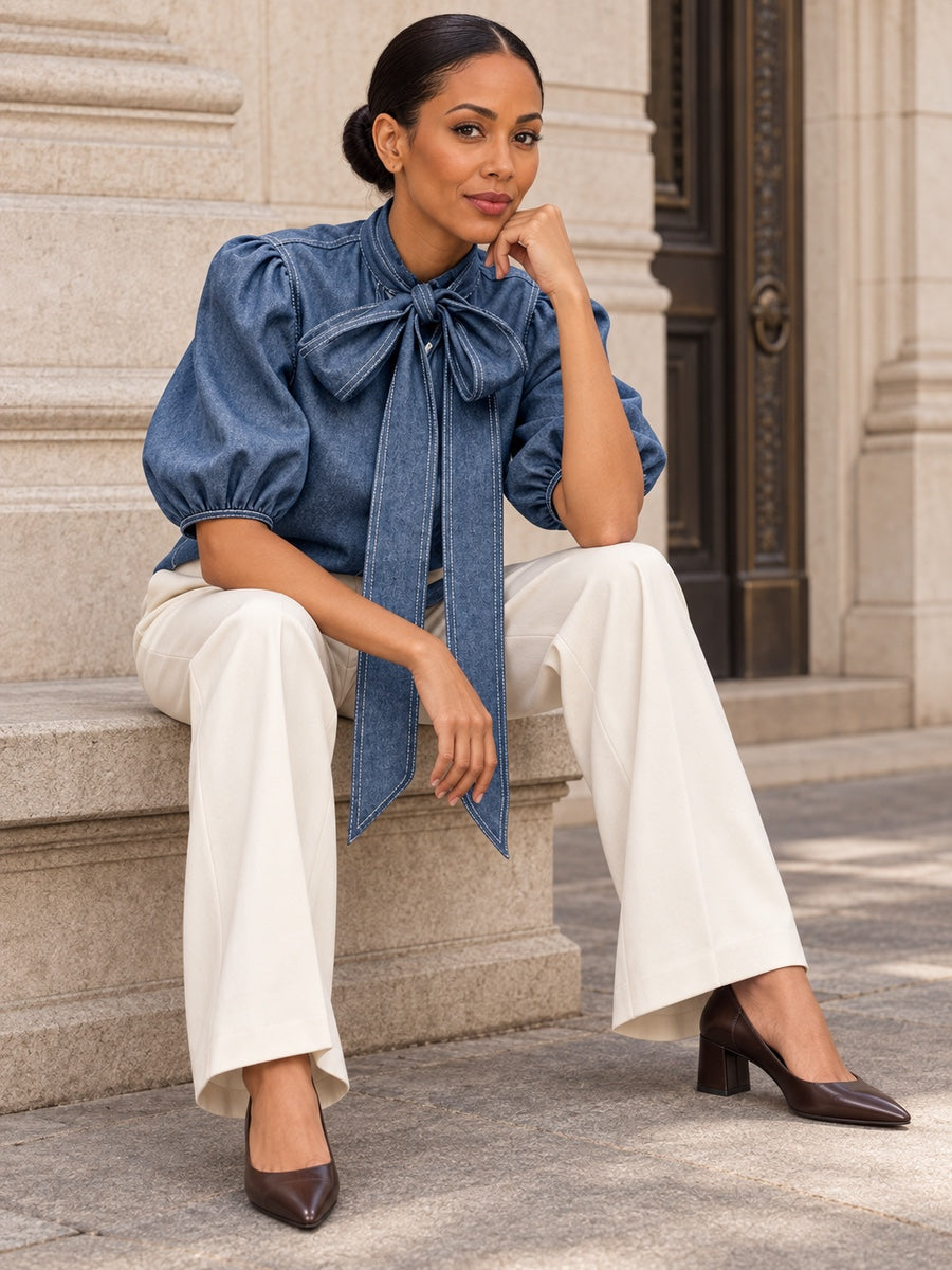 Long Sleeves Puff Sleeves Bow-Embellished Buttoned Split-Joint Tied High Neck Blouses&Shirts Tops - 179502_OL_F2_新增