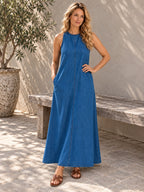 A-Line Loose Pockets Solid Color Tied Round-Neck Maxi Dresses - 179944_OL_F3_新增