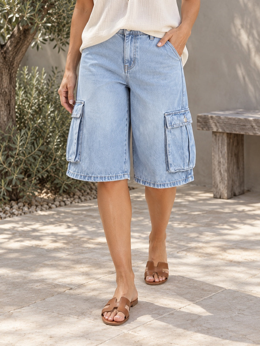 Loose Wide Leg Pockets Split-Joint Denim Half Pants - 181760_LOWER_新增
