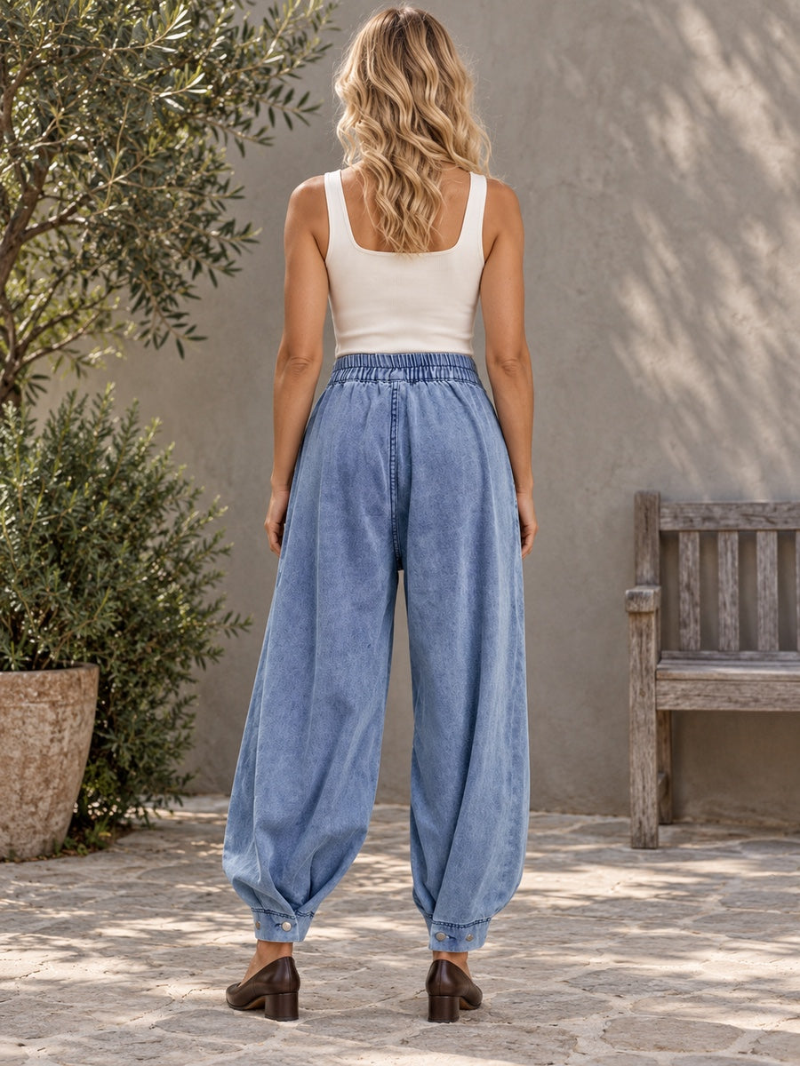 Loose Buttoned Solid Color Zipper Jean Pants Bottoms Knickerbockers Trousers - 181987_B1_新增
