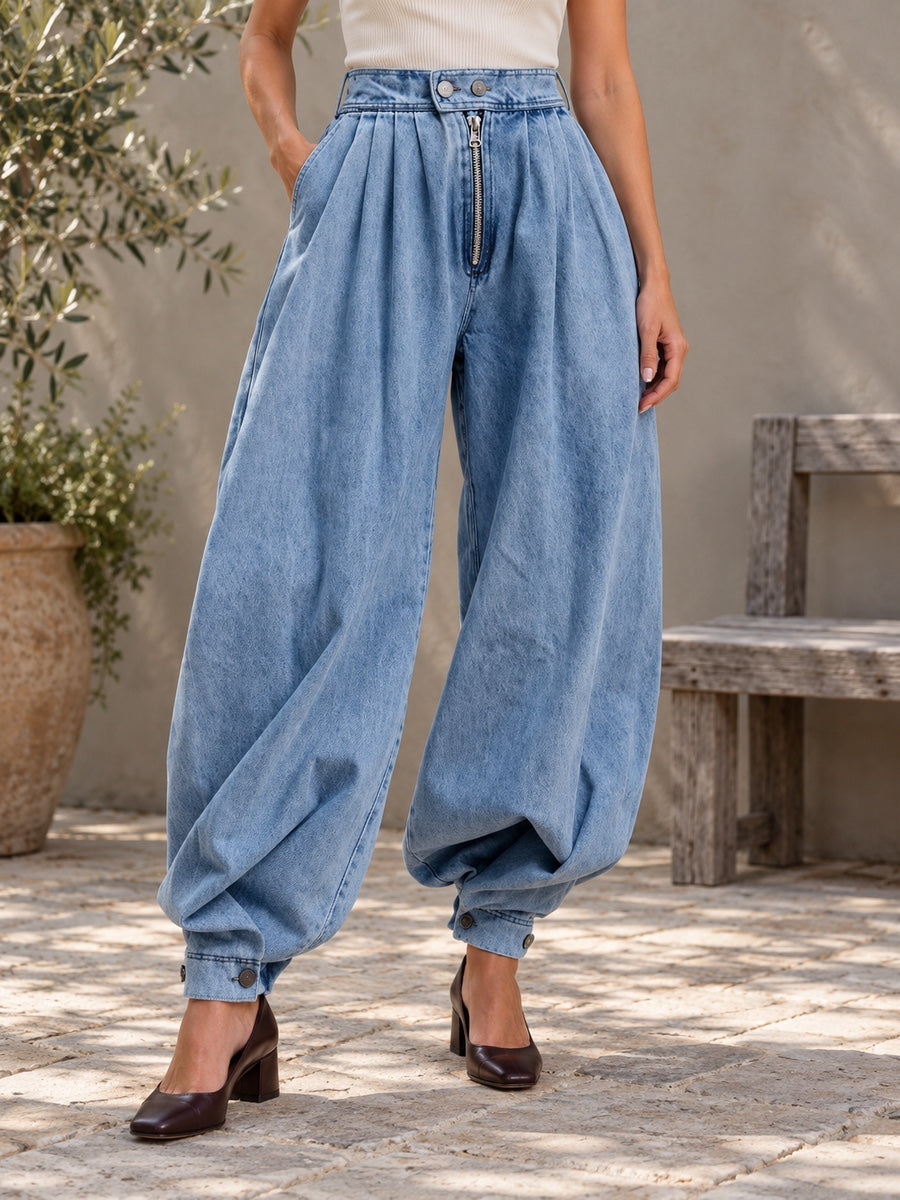 Loose Buttoned Solid Color Zipper Jean Pants Bottoms Knickerbockers Trousers - 181987_LOWER_新增