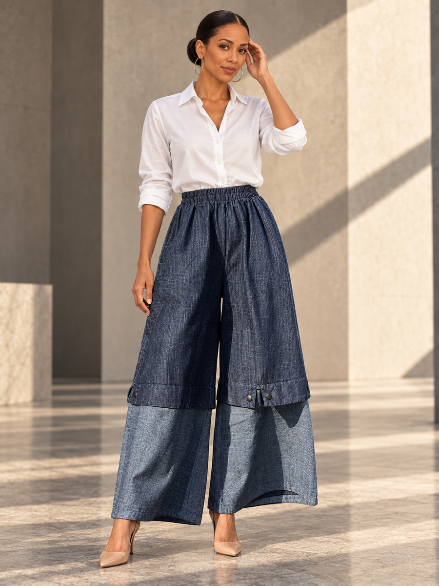 Loose Wide Leg Elasticity Jean Pants Bottoms Trousers - model view 2