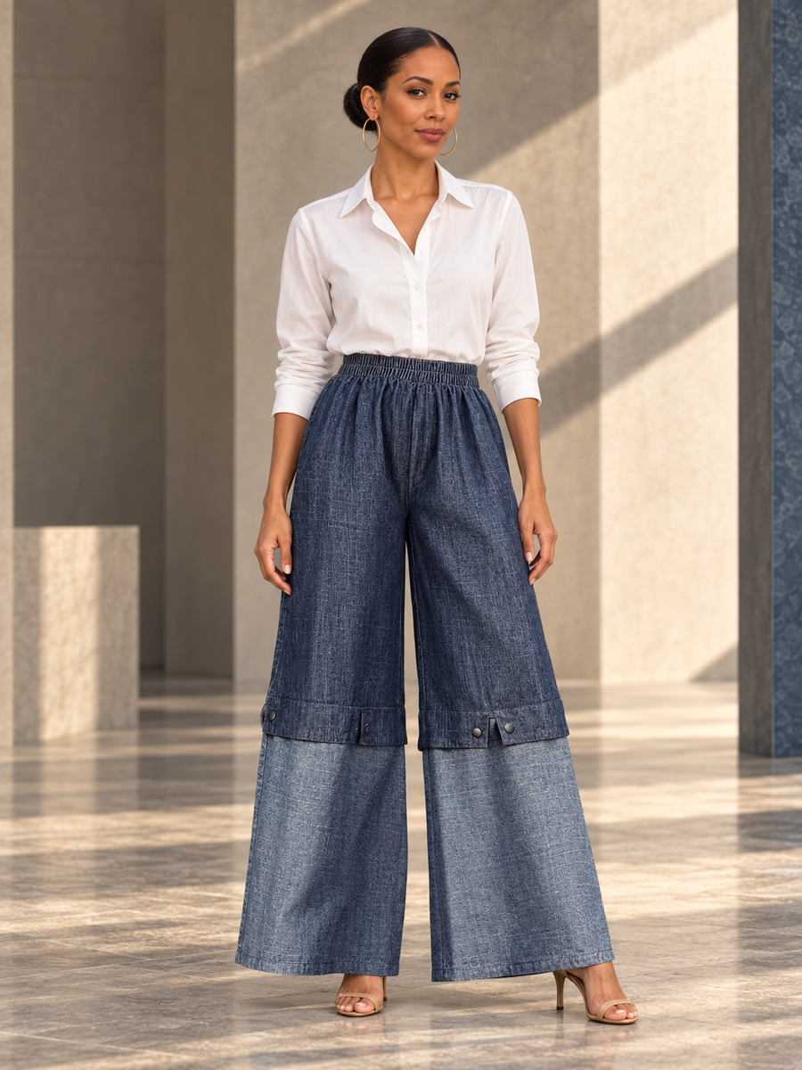 Loose Wide Leg Elasticity Jean Pants Bottoms Trousers - front view