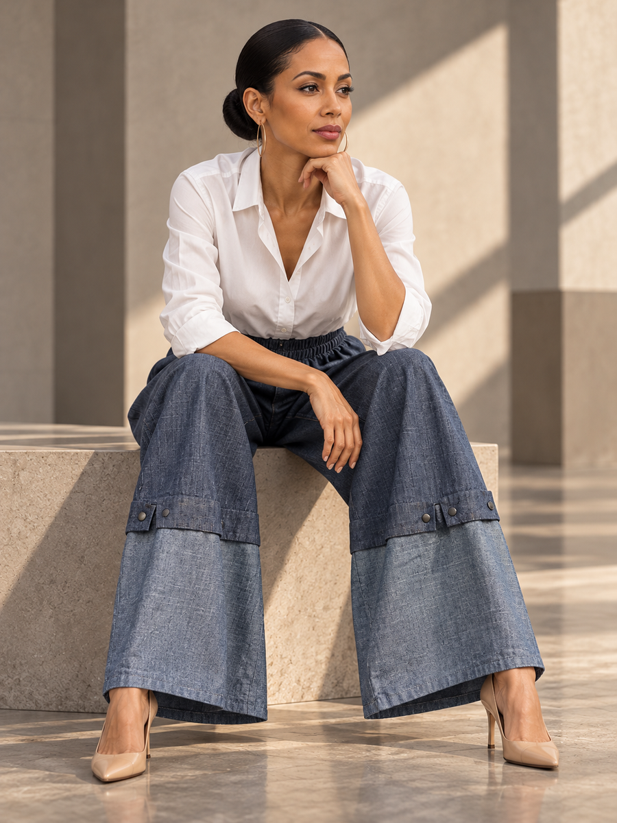 Loose Wide Leg Elasticity Jean Pants Bottoms Trousers - styled front view