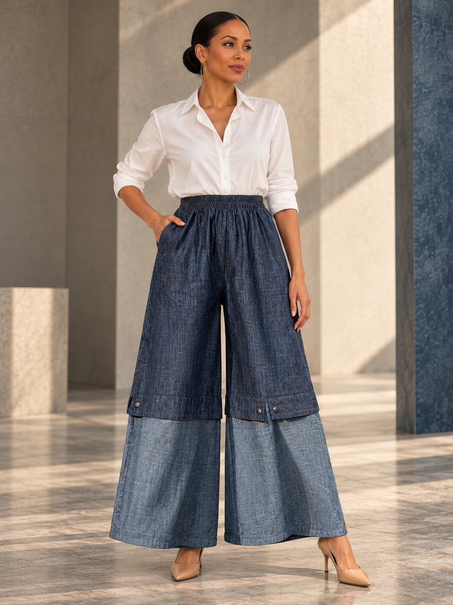 Loose Wide Leg Elasticity Jean Pants Bottoms Trousers - front detail view