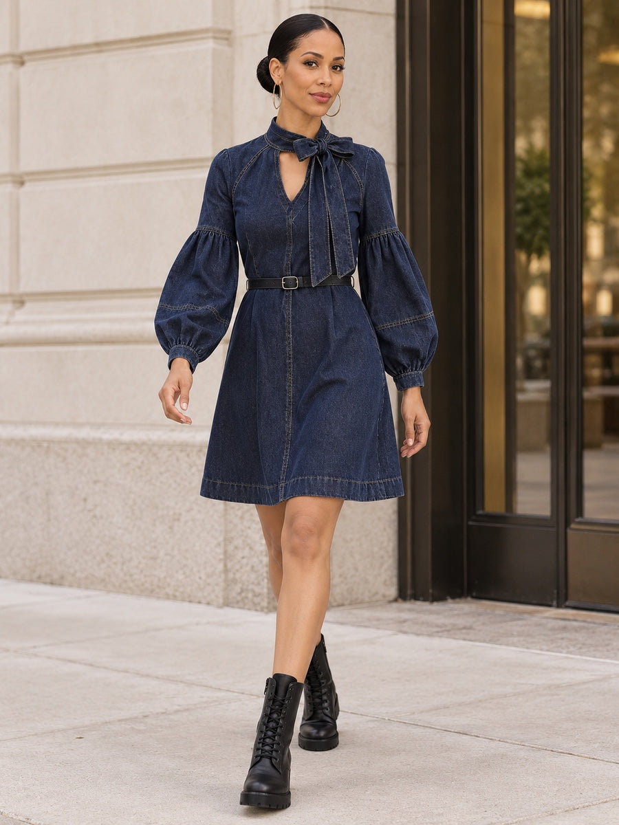 Long Sleeves Puff Sleeves Belted Bow-Embellished Solid Color V-Neck Mini Dresses - 193213_CF_F1_新增