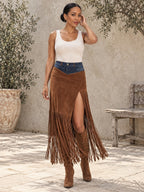 Irregularity Asymmetric Contrast Color Split-Joint Split-Side Tasseled Skirts Bottoms - 193616_CF_F2_新增