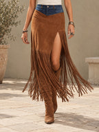 Irregularity Asymmetric Contrast Color Split-Joint Split-Side Tasseled Skirts Bottoms - 193616_LOWER_新增