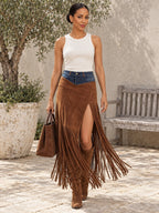 Irregularity Asymmetric Contrast Color Split-Joint Split-Side Tasseled Skirts Bottoms - 193616_OL_F1_新增