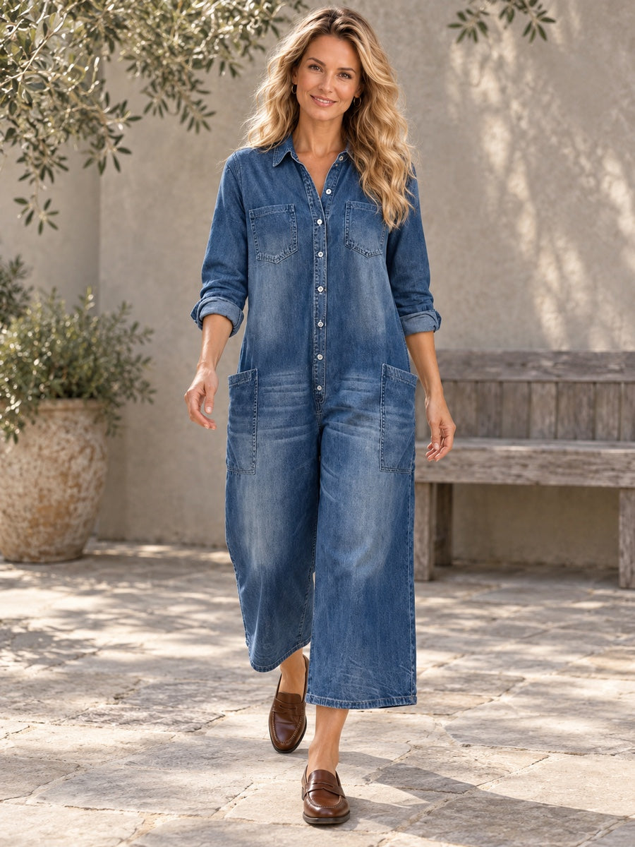 Long Sleeves Loose Buttoned Pockets Solid Color Split-Joint Lapel Jumpsuits - 201868_CF_F1_新增
