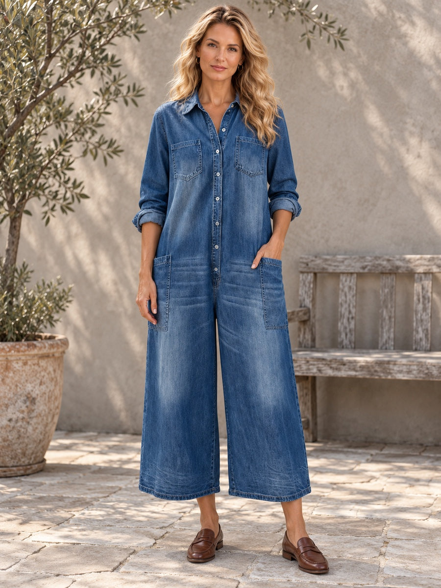 Long Sleeves Loose Buttoned Pockets Solid Color Split-Joint Lapel Jumpsuits - 201868_OL_F1_新增